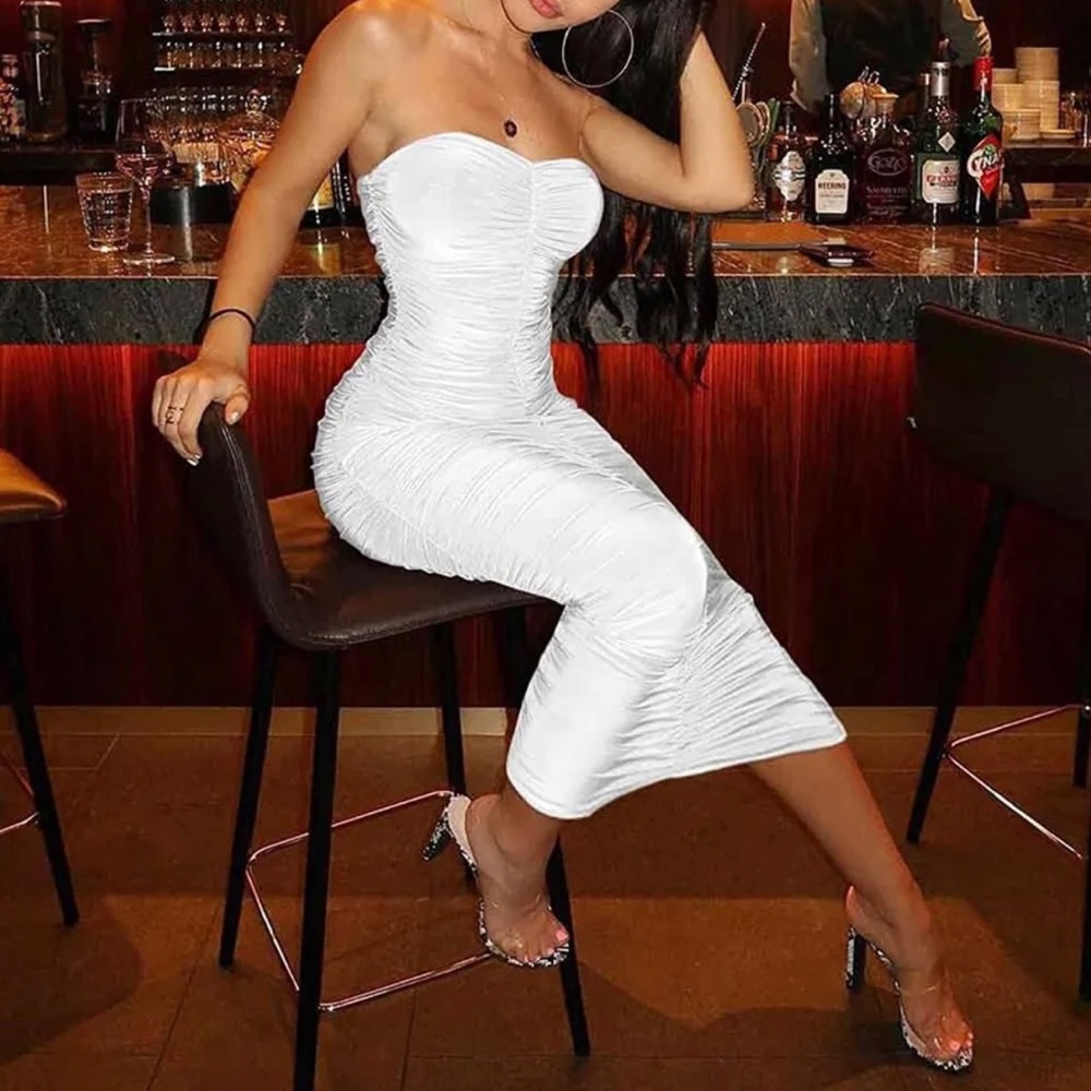 Women's Sexy Bodycon Strapless Ruched Tube Maxi Long Club Dress
